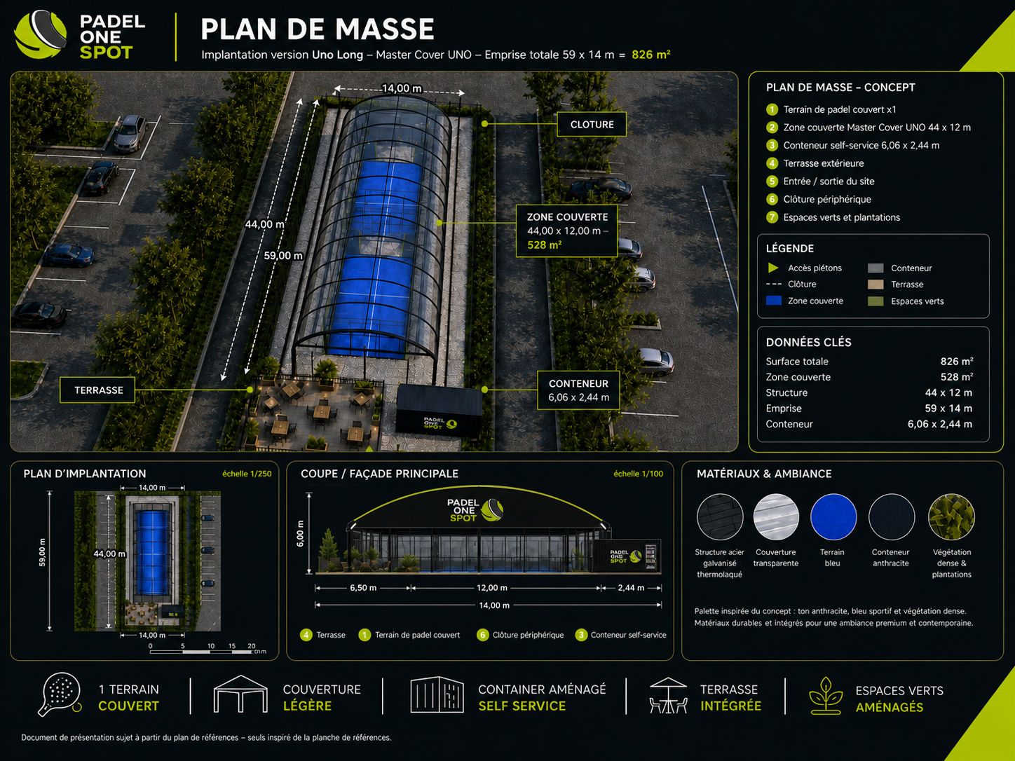 Plan de masse du format UNO Long, un terrain couvert, emprise 59 par 14 mètres