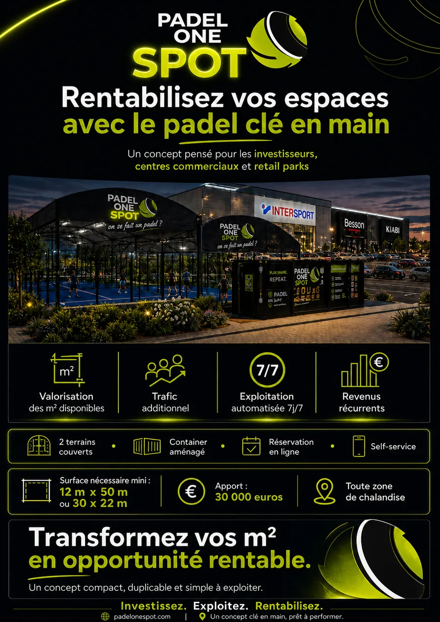 Support investisseur Padel One Spot pour rentabiliser un espace avec un concept cle en main
