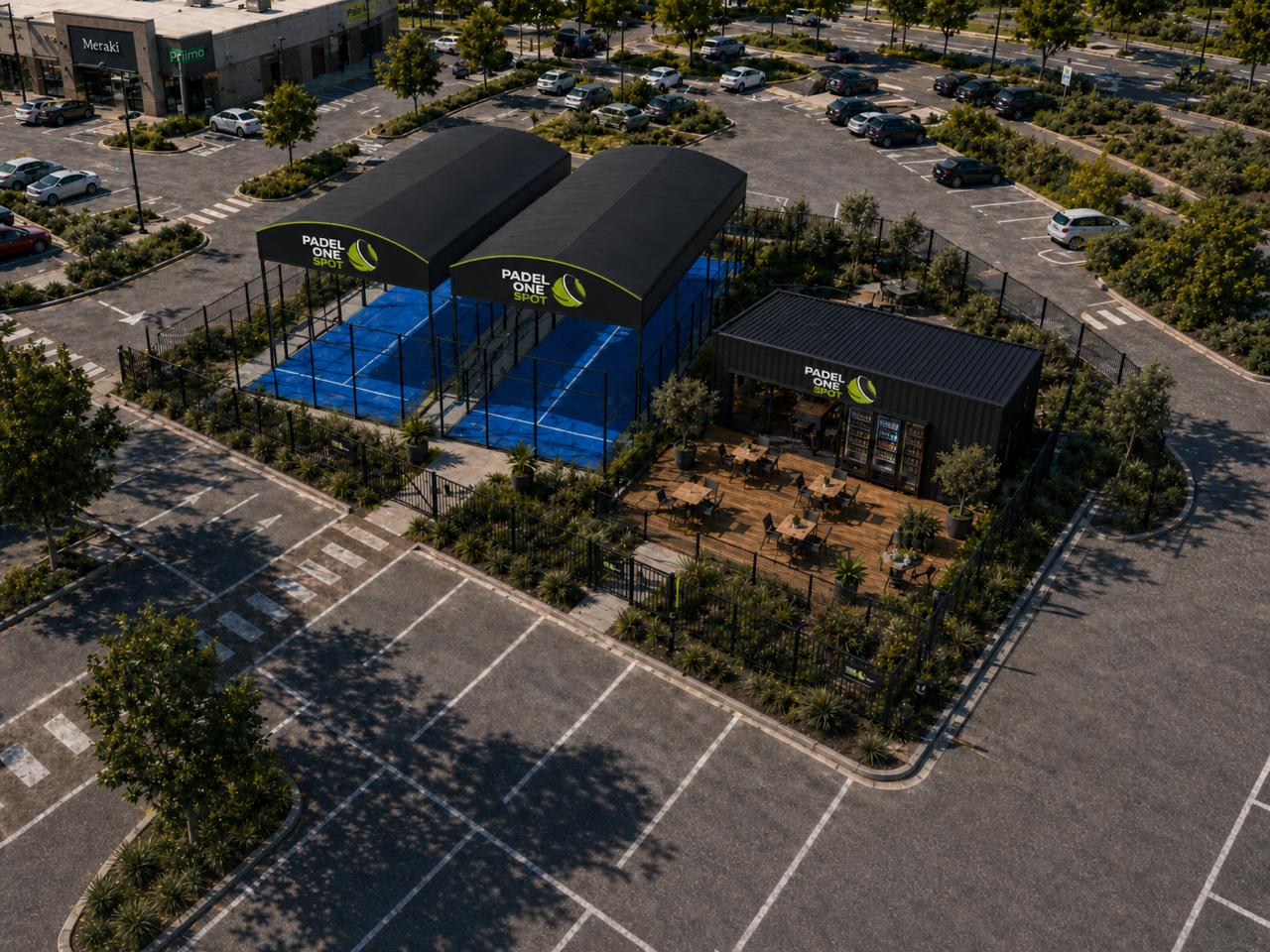 Padel One Spot avec deux terrains, container amenage et terrasse