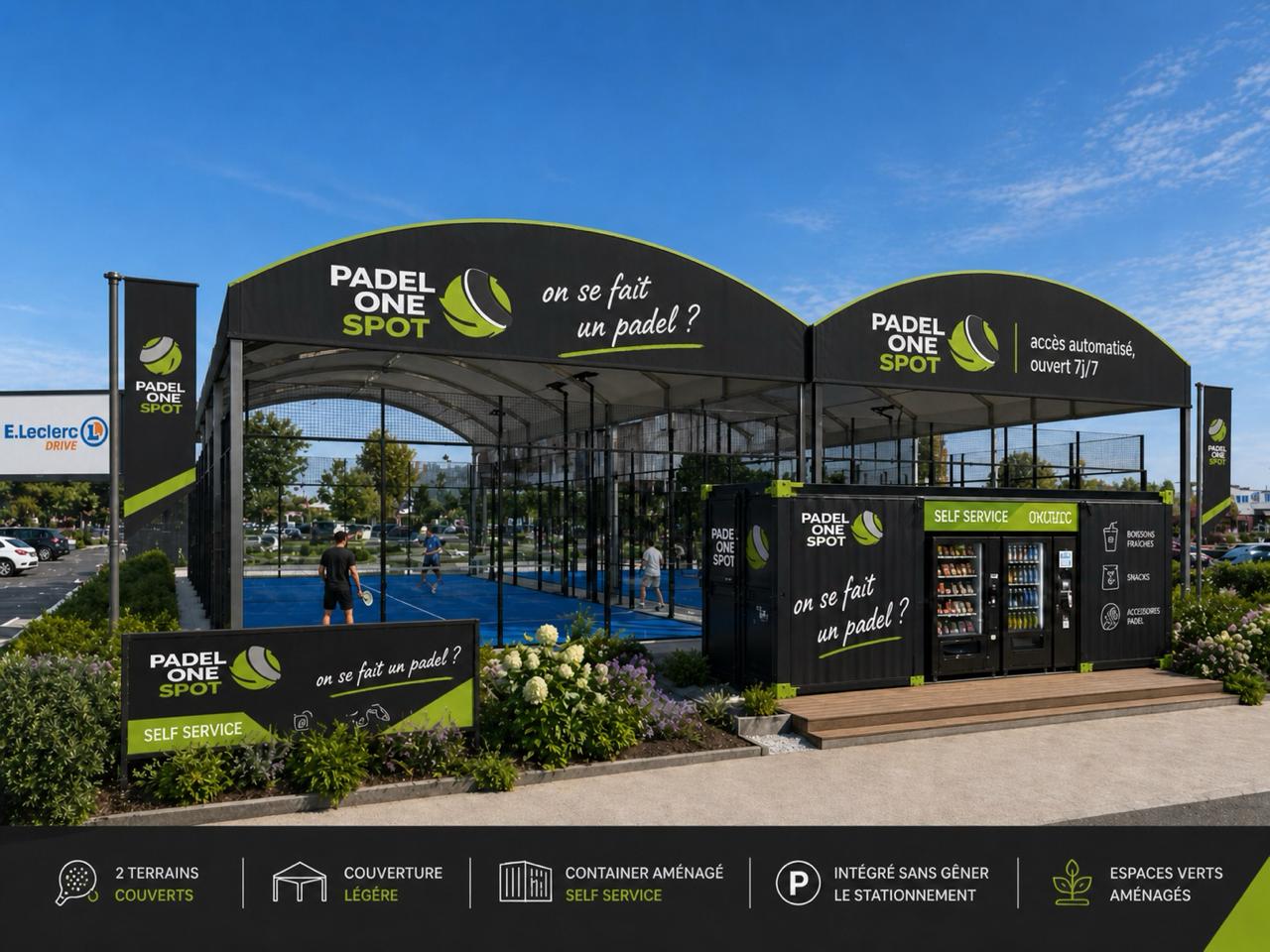 Padel One Spot avec deux terrains couverts, container self-service, parking et espaces verts