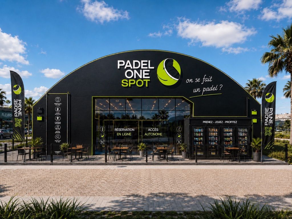 Facade Padel One Spot de jour avec reservation en ligne et acces autonome