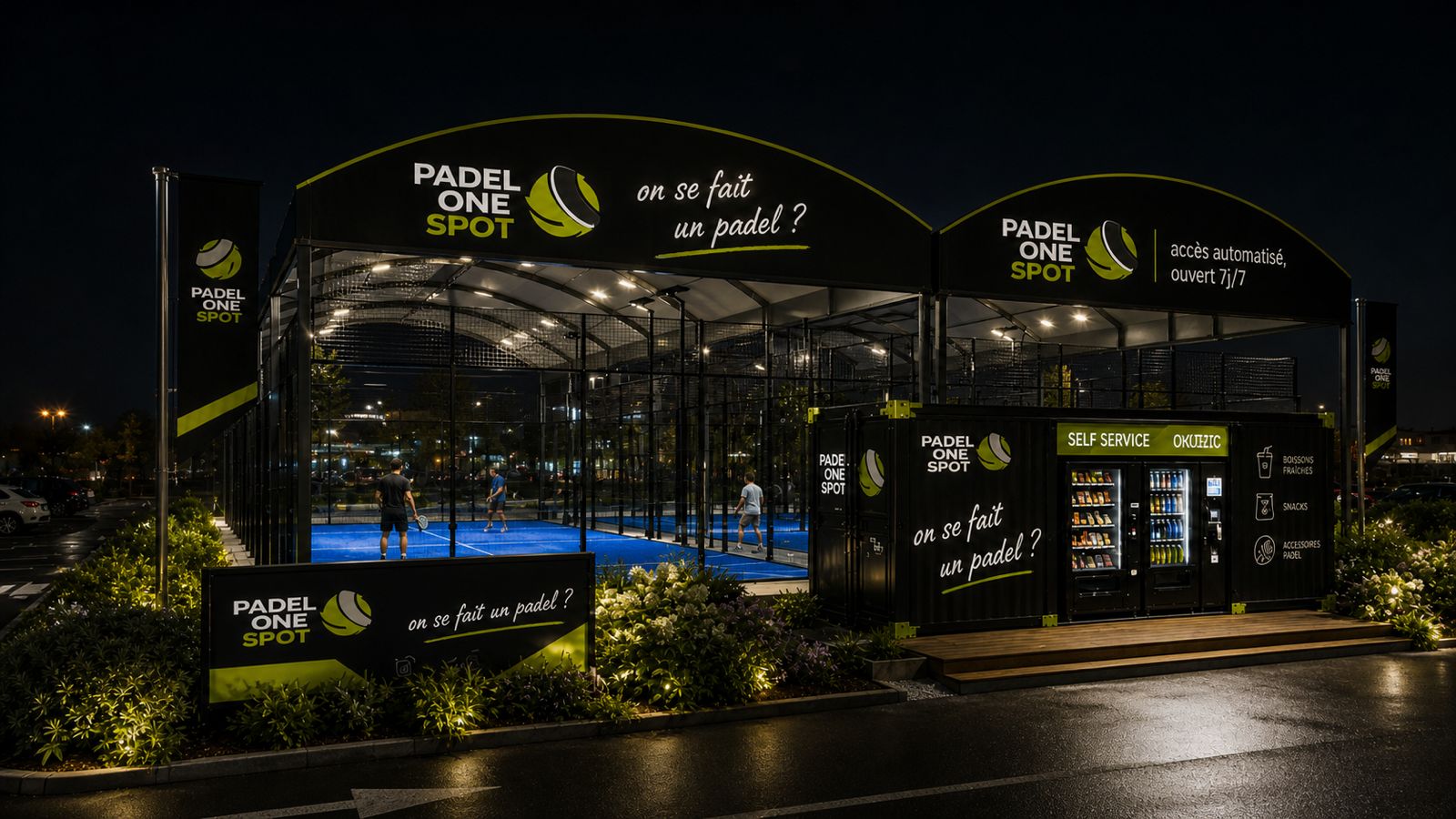 Padel One Spot de nuit avec terrains eclaires et container self-service