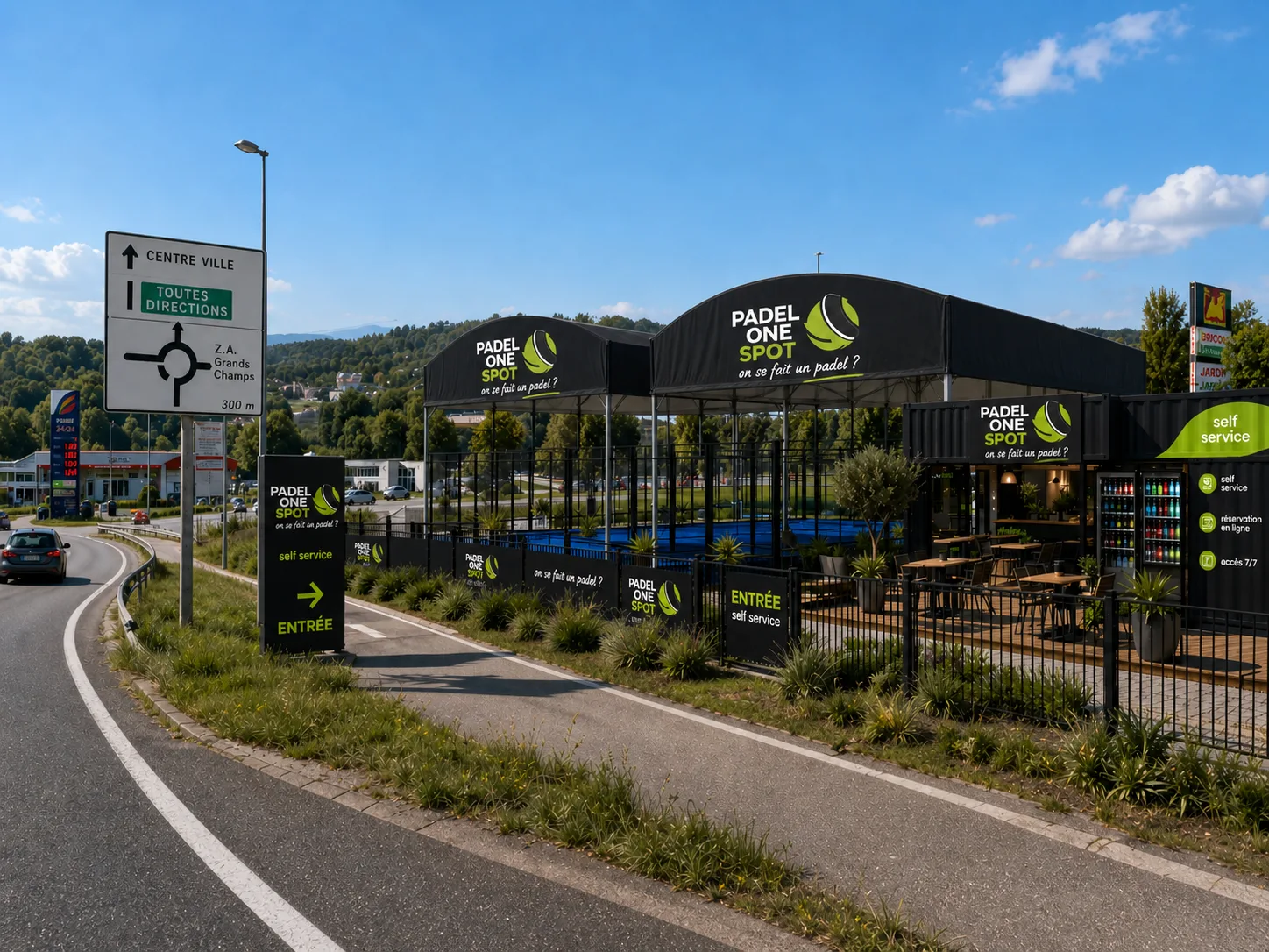 Padel One Spot en sortie de ville avec entree visible, parking et self-service