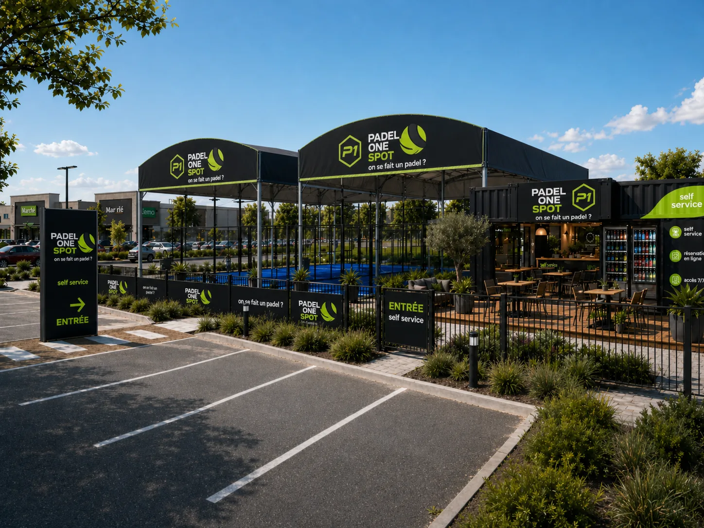 Padel One Spot implante sur parking avec deux terrains couverts, container et terrasse